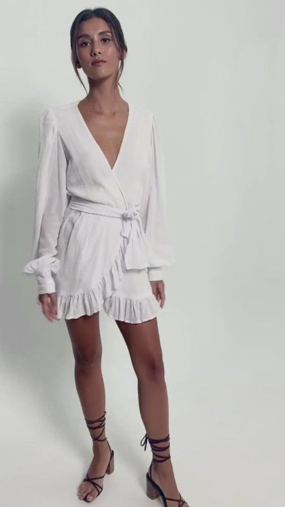 
            
                Load and play video in Gallery viewer, Short video of a young woman wearing a white cotton bare back mini dress. With puff sleeves and a V-neckline.
            
        