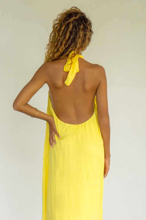 Long yellow backless dress. It is lined and adjustable with a knot that tightens in the neck. Large plunging bare back.