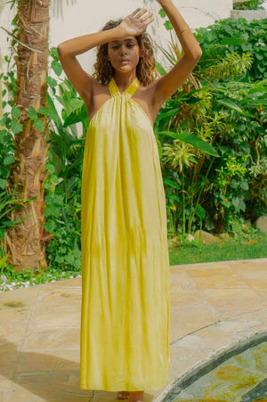 Long yellow backless dress. It is adjustable with a knot that tightens in the neck. In a fully lined material.