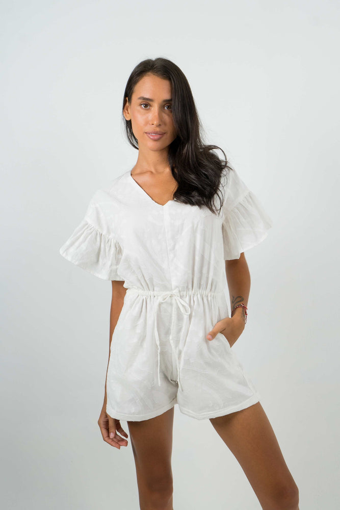 midday backless playsuit with wide sleeves and adjustable waist. Comes in black, white, pink, and yellow.