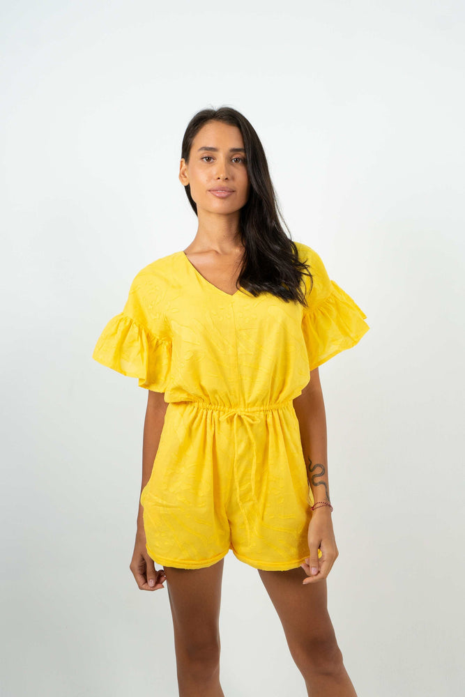 Cute yellow playsuit with adjustable waist lace and ruffle shoulder by Back Cartel.