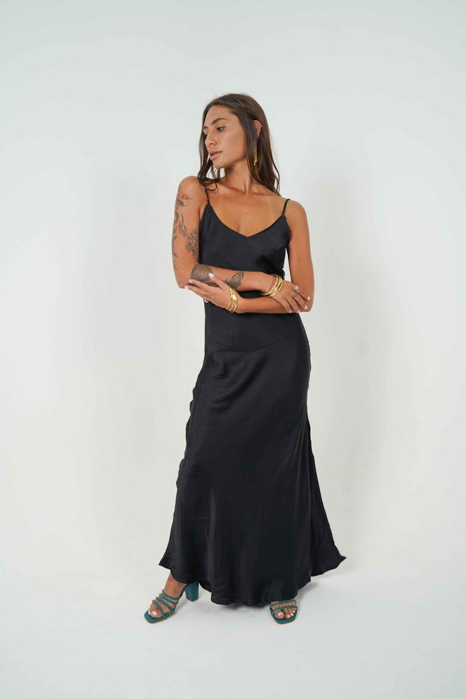 
            
                Load image into Gallery viewer, Fancy satin long black dress by Back Cartel. Embrace your body with this glamorous dress.
            
        