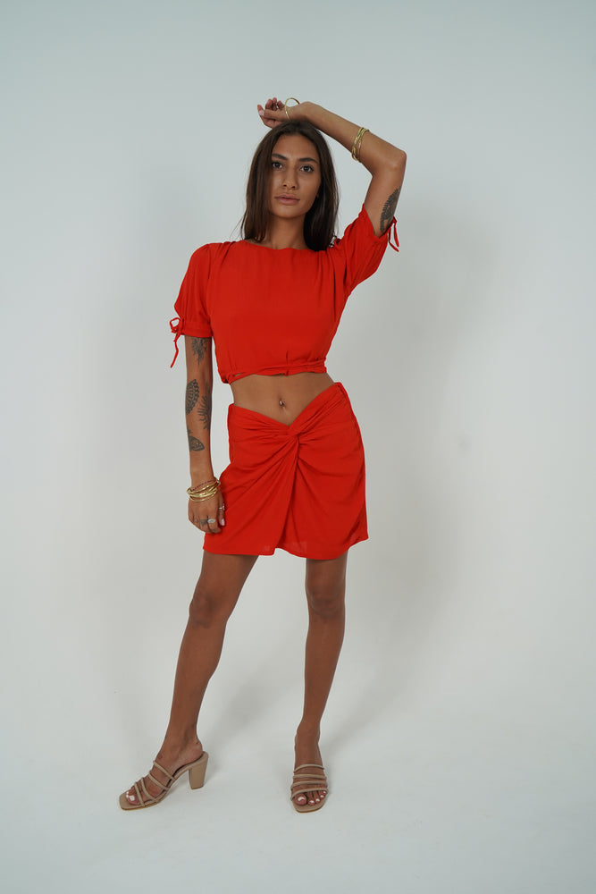 short skirt and crop top set in red 