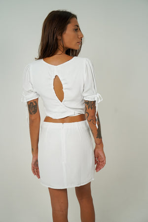 backless puff sleeve top and skirt in white back cartel